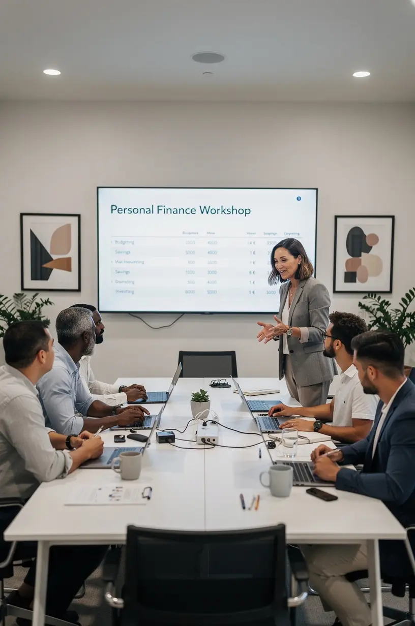 Személyes pénzügyi tanácsokat bemutató blog oldal nyitóképe, ahol egy oktató workshopot tartanak kis csoport számára.
