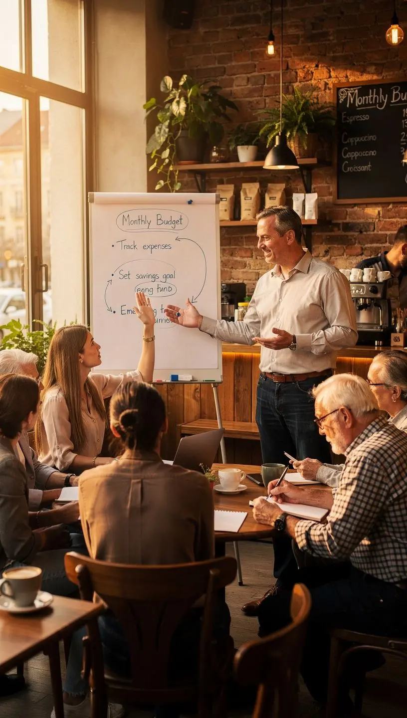 Résztvevők aktívan jegyzetelnek egy pénzügyi tervezési műhelyen, miközben a tréner magyaráz egy táblán.