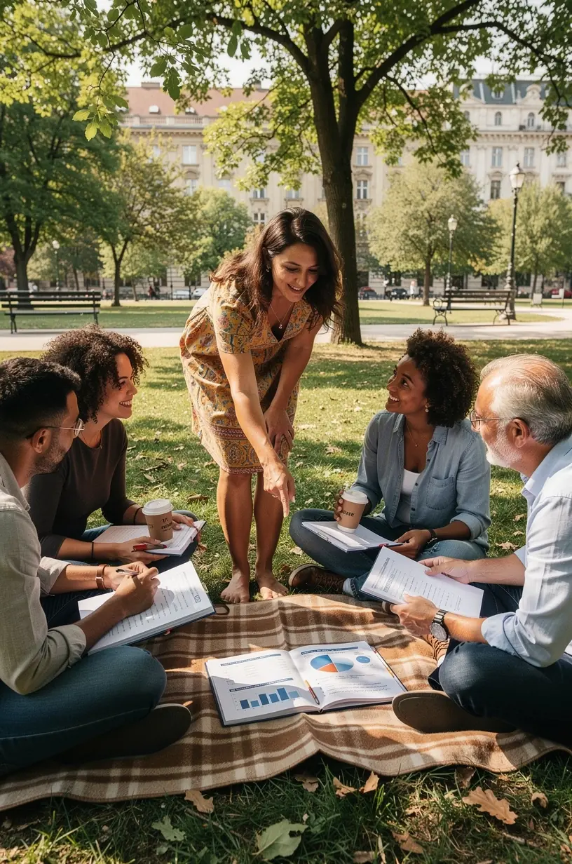 Pénzügyi alapokat tanító személyes workshop esemény, ahol a közönség figyelmesen hallgatja az előadót egy modern oktatóteremben.